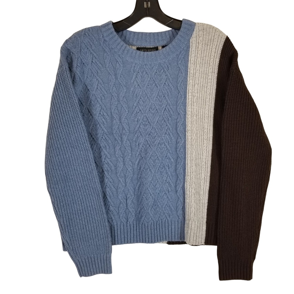 Banana Republic Sweater Women M Blue Colorblock Cable‎ Knit Wool Blend DNS2003